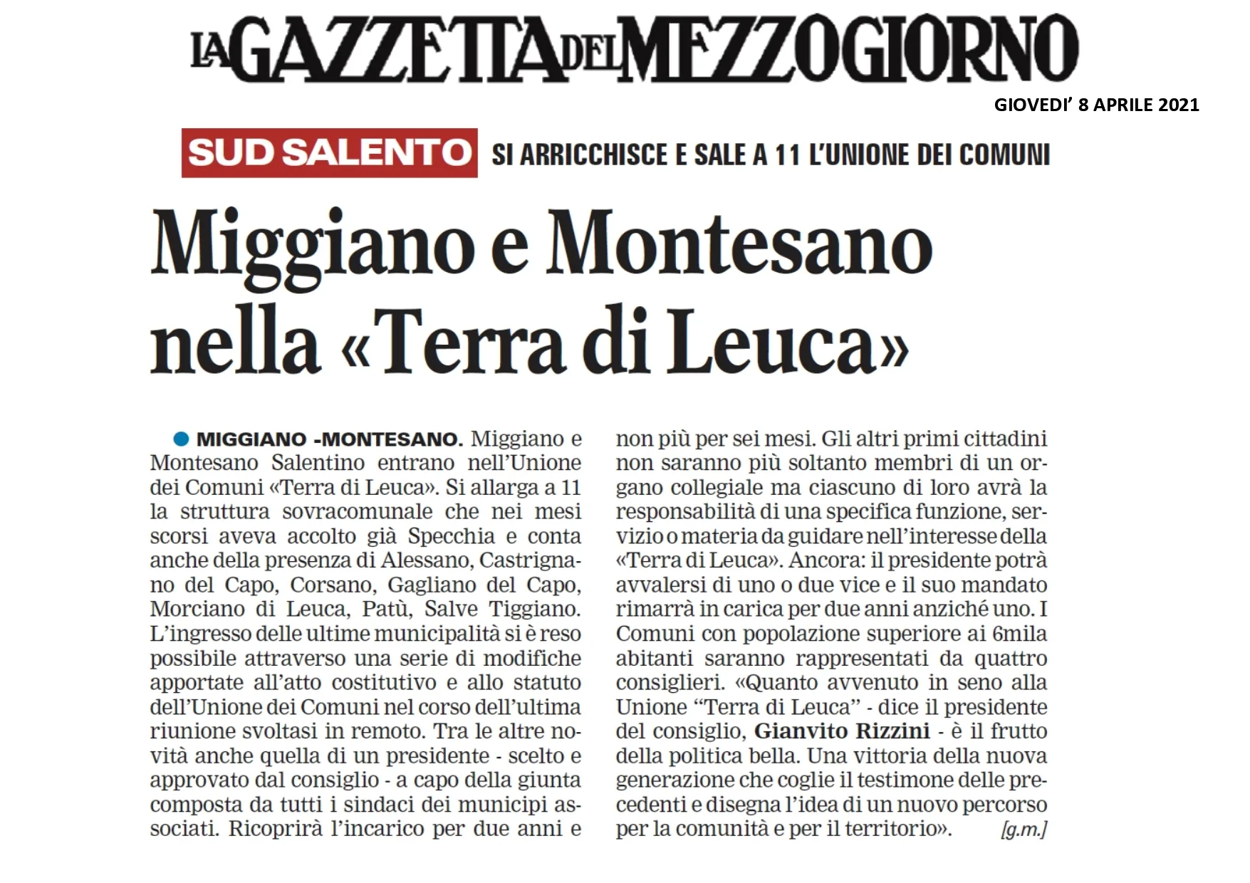 Immagine di La Gazzetta del Mezzogiorno - Miggiano e Montesano nella 